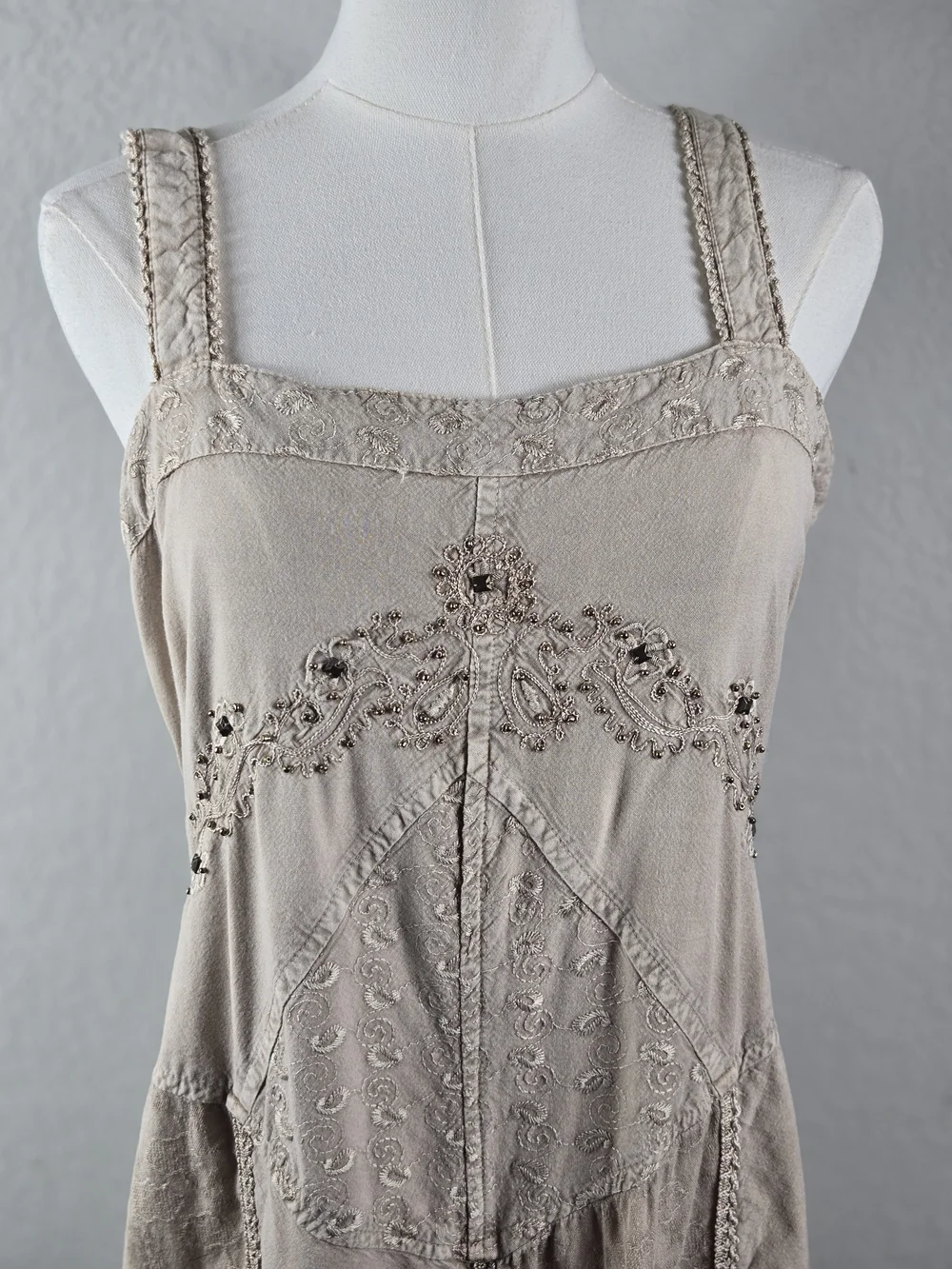 Coline XL Boho Goddess Embroidered Midi Dress Stonewashed Festival Chic Earthy